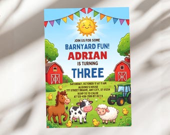 Invitación de cumpleaños número 3 con temática de granja, invitación a fiesta divertida con temática de granja, fiesta infantil con animales lindos y tractor, tarjeta de vaca y caballo, plantilla de Canva SKU A1473