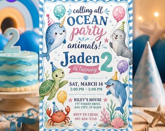 Ocean Party Animals Birthday Invitation, Cute Narwhal Seal Template, Jaden 2nd Birthday Dolphin Sea Turtle Crab, Canva Download C288