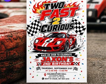 Invitación de cumpleaños de Dos rápidos 2 curiosos, plantilla con temática de autos de carreras retro, fiesta de cumpleaños número 2 de Jaxon Speedster Flame Bash, descarga de Canva C261