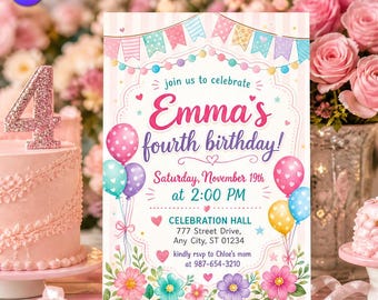 エマちゃんの4歳の誕生日招待状、かわいい水彩画風花柄バルーンテンプレート、パステルカラーのガーランドポンポンフレームCanvaデジタルダウンロードC335