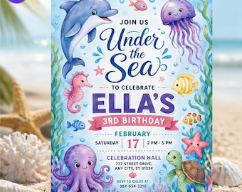Under the Sea 3rd Birthday Invitation, Cute Dolphin Template, Ella Third Birthday Watercolor Purple Octopus, Canva Download C276