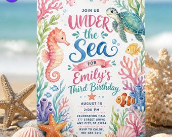 Under the Sea 3rd Birthday Invitation, Cute Ocean Animals Template, Emily Third Birthday Watercolor Seahorse Turtle, Canva Download C286