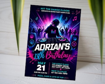Glow DJ Dance Birthday Invitation, Neon Disco 13th Birthday Invite, Kids Music Party Card, Teen Electronic Club, Canva Template A1755