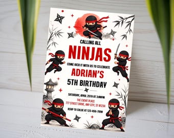 Ninja 5th Birthday Invitation, Calling All Ninjas Invite, Kids Martial Arts Karate Card, Japanese Dojo Party, Canva Template A1735