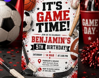 May include: A sports-themed birthday invitation card featuring the text IT'S GAME TIME! BENJAMIN'S 5TH BIRTHDAY. The design includes illustrations of a basketball, soccer ball, baseball, football, and hockey sticks with red and black accents.