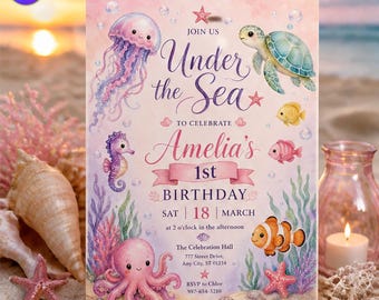 Under the Sea 1st Birthday Invitation, Cute Pastel Animals Template, Amelia First Birthday Watercolor Pink Jellyfish, Canva Download C275