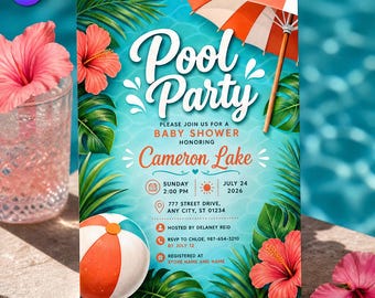 Invitación para baby shower con temática de piscina, plantilla de invitación con temática de natación veraniega, fiesta acuática unisex, descarga en Canva C162