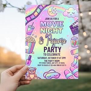 May include: A colorful invitation for a movie night and pajama party. The design features a rainbow, moon, stars, popcorn, a drink, a film reel, and other party-themed illustrations. The text reads "Join us for a Movie Night & Pajama Party".