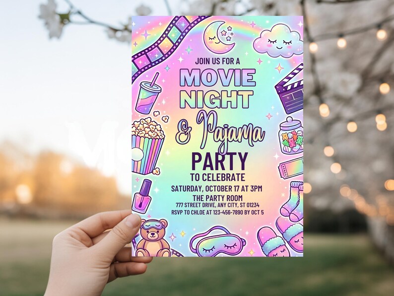 May include: A colorful invitation for a movie night and pajama party. The design features a rainbow, moon, stars, popcorn, a drink, a film reel, and other party-themed illustrations. The text reads "Join us for a Movie Night & Pajama Party".