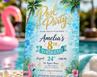 Gold Glitter Pool Party Birthday Invitation, Kids Summer Swimming Theme Invite Template, Girl 8th Birthday Bash, Canva Download C130