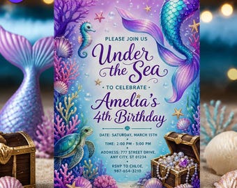Under the Sea Mermaid Birthday Invitation, Cute Sea Turtle Template, Amelia 4th Birthday Deep Sea Treasure Chest Bash, Canva Download C295