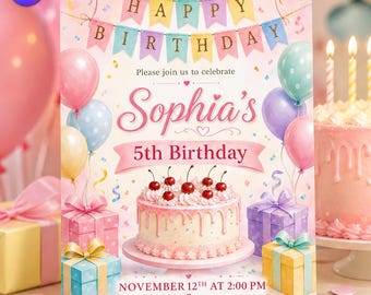 Cute Birthday Cake Invitation, Pastel Bunting Gifts Template, Sophia 5th Birthday Pink Ribbon Cherry Celebration, Canva Download C328