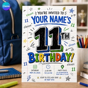 May include: A rectangular birthday invitation card featuring a white lined paper background with the text YOU'RE INVITED TO YOUR NAME'S 11TH BIRTHDAY. The design includes colorful hand-drawn doodles, stars, lightning bolts, and party details.