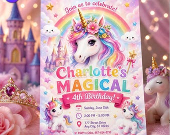 Charlotte Magical Birthday Invitation, Cute Unicorn Princess Castle Template, 4th Birthday Rainbow Pastel Clouds, Canva Download C321