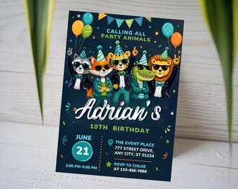 Party Animals Birthday Invitation, Neon Jungle 10th Birthday Invite, Kids Glow Safari Party Card, Wild One Zoo, Canva Template A1759