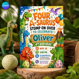 Könnte beinhalten: Eine rechteckige Geburtstagseinladungskarte mit bunten Cartoon-Dinosauriern, einem Vulkan und Luftballons. Der Text lautet: FOUR A-SAURUS STOMP ON OVER TO CELEBRATE! Oliver 4TH BIRTHDAY, NOV 18, 2:00 PM, CELEBRATION HALL, 777 STREET DRIVE, ANY CITY, ST 01234, RSVP to Chloe, 987-654-3210.