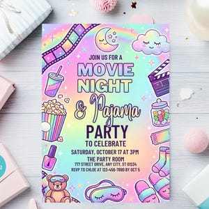 May include: A colorful invitation for a Movie Night & Pajama Party. The design features illustrations of popcorn, a film strip, a moon, and other party-themed graphics. The text reads "Join us for a Movie Night & Pajama Party to Celebrate".