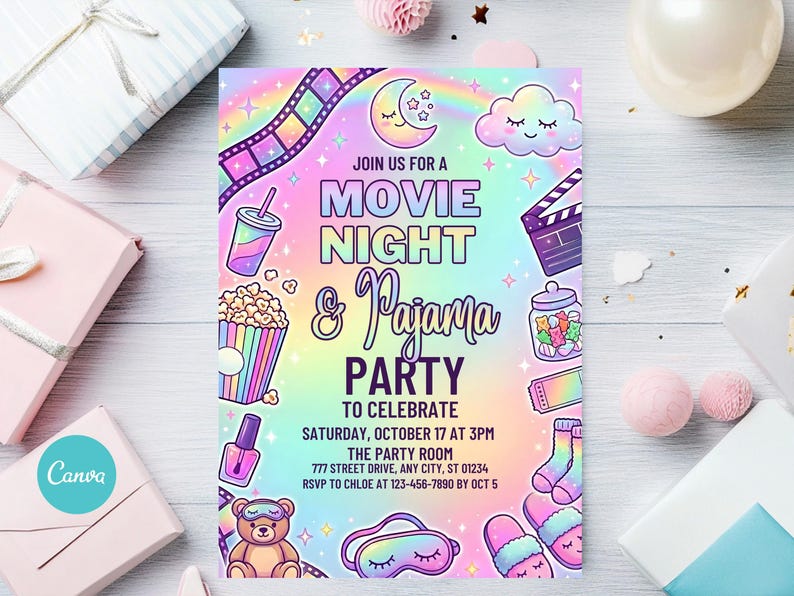 May include: A colorful invitation for a Movie Night & Pajama Party. The design features illustrations of popcorn, a film strip, a moon, and other party-themed graphics. The text reads "Join us for a Movie Night & Pajama Party to Celebrate".