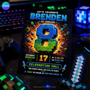 May include: A rectangular birthday invitation card featuring a large pixelated number 8 in blue and green. The text reads: LET'S CELEBRATE BRENDEN IS TURNING, SATURDAY MARCH 17 AT 2:00 PM TO 5:00 PM, CELEBRATION HALL, 789 STREET DRIVE, ANY CITY, ST 01234.