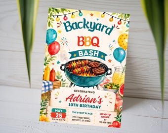 Backyard BBQ Birthday Invitation, BBQ Bash 10th Birthday Invite, Kids Summer Cookout Card, Grilling Picnic Party, Canva Template A1743