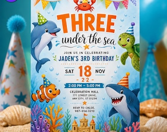 Three Under the Sea 3rd Birthday Invitation, Cute Animals Party Template, Jaden Third Birthday Shark Dolphin Sandcastle, Canva Download C271