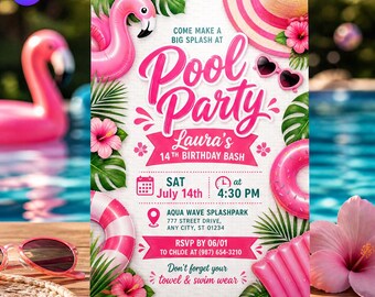 Invitación de cumpleaños con temática de fiesta en la piscina y flamencos rosas, plantilla de invitación para fiesta de cumpleaños de 14 años, descarga en Canva C157