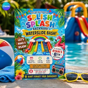 May include: A colorful party invitation featuring a waterslide, rainbow, and flamingo. Text includes: YOU'RE INVITED TO A SPLISH SPLASH BACKYARD WATERSLIDE BASH!, LET'S MAKE A SPLASH!, RYAN'S 8TH BIRTHDAY, SATURDAY AUGUST 15TH, 3:00 PM-6:00 PM, RYAN'S HOUSE, 1234 SPLASH STREET, ANY CITY, ST 01234, 987-654-3210 BY AUGUST 8TH, DON'T FORGET YOUR SWIMSUIT.