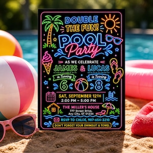 May include: A rectangular invitation card with a black background and neon-style graphics in pink, blue, yellow, and green. Text reads: DOUBLE THE FUN! POOL PARTY AS WE CELEBRATE JAMES & LUCAS is Turning 6 is Turning 8 SAT, SEPTEMBER 12TH 2:00 PM - 5:00 PM.