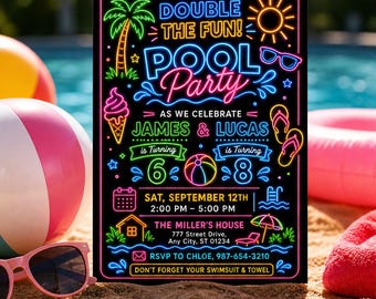 Invitación conjunta para fiesta de cumpleaños en la piscina con luces neón, plantilla de invitación para fiesta nocturna de natación para gemelos, fiesta de cumpleaños con doble diversión, Canva C044