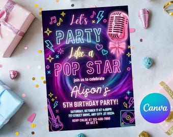 Invitación de cumpleaños de estrella del pop, invitación a fiesta de karaoke neón, cumpleaños musical para niñas, fiesta que brilla en la oscuridad, plantilla Canva A1020