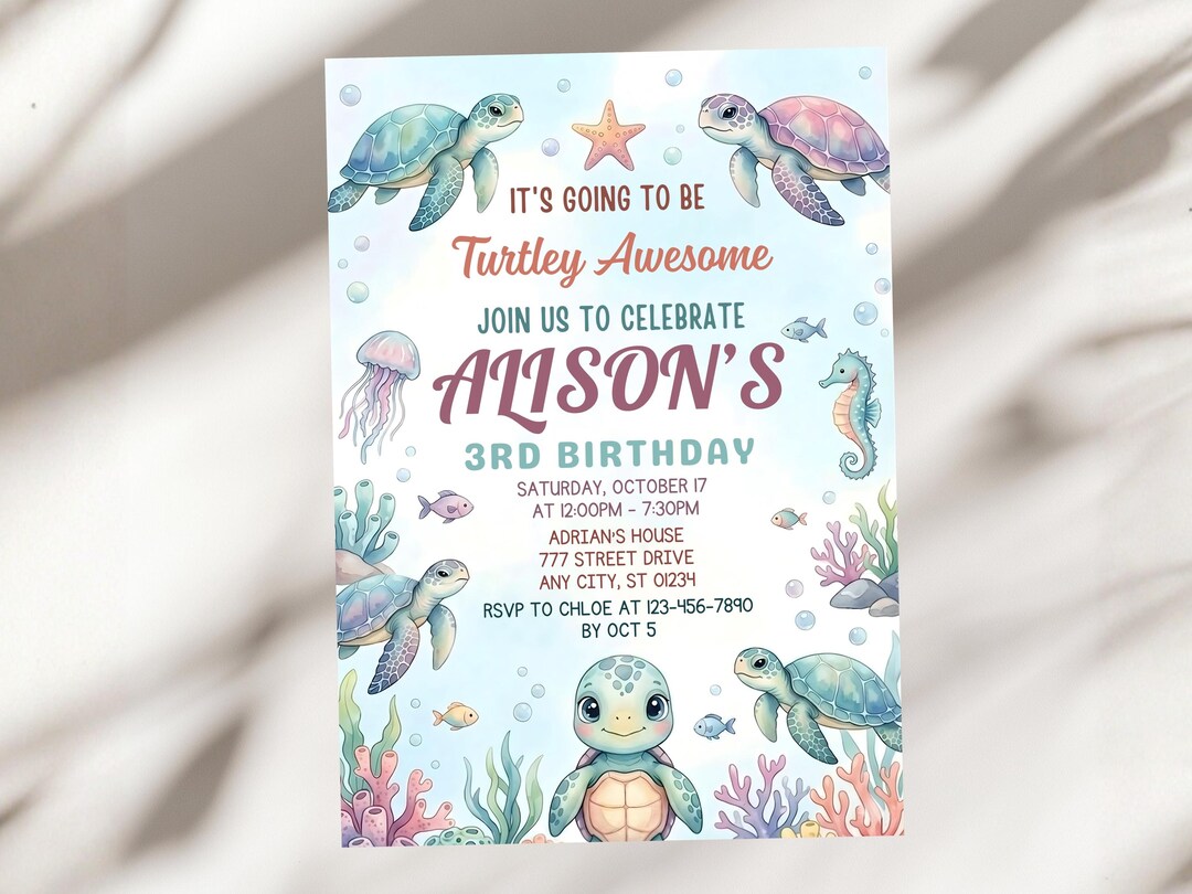 Sea Turtle Birthday Invitation, Turtley Awesome Party, Under the Sea ...
