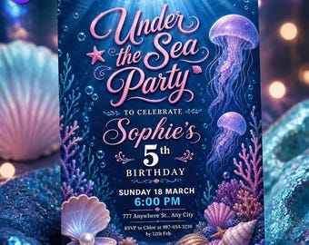 Under the Sea Party Invitation, Magical Ocean Theme Template, Sophie 5th Birthday Deep Sea Jellyfish Pearl Bash, Canva Download C279