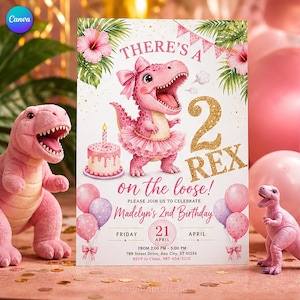 Könnte beinhalten: Eine Geburtstagseinladungskarte mit einem rosa Dinosaurier in Tutu und Schleife, einer Torte mit Kerze und goldenem Glitzertext 2 REX on the loose. Die Karte enthält Details zu Madelyns 2. Geburtstag am Freitag, den 21. April.
