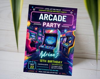 Arcade 13th Birthday Invitation, Retro Gaming 13th Birthday Invite, Kids Neon Video Game Party Card, Gamer Zone, Canva Template A1744