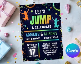 Invitación de cumpleaños con salto conjunto, fiesta de trampolín neón, invitación para gemelos que brilla en la oscuridad, fiesta infantil con trampolín, plantilla Canva A1019