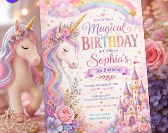 Magical Unicorn Birthday Invitation, Princess Castle Template, Sophia 5th Birthday Pink Watercolor Gold Star, Canva Download C322