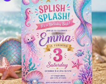 Splish Splash Birthday Invitation, Mermaid Tail Template, Emma 3rd Birthday Under the Sea Jellyfish Pearl Bash, Canva Download C290