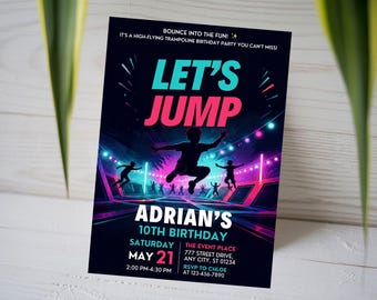 Let's Jump Trampoline Birthday Invitation, Glow Bounce 10th Birthday Invite, Kids Indoor Playground Card, Jump Party, Canva Template A1758