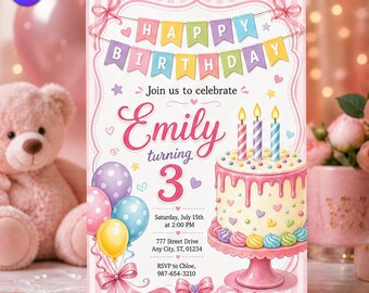 Cute Birthday Cake Invitation, Pastel Bunting Template, Emily 3rd Birthday Pink Striped Polka Dot Balloon, Canva Download C324