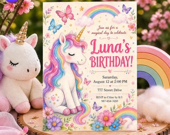 水彩画風ユニコーン誕生日招待状、ルナレインボーバタフライテンプレート、魔法の妖精フローラルパステルクラウド、CanvaダウンロードC339