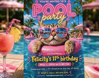 Invitación de cumpleaños con temática de fiesta en la piscina con gatos neón, plantilla de invitación para una noche de verano tropical en rosa neón, cumpleaños de niños de 11 años, descarga en Canva C070