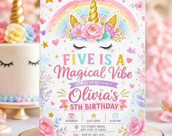 Unicorn Five es una invitación de cumpleaños con un toque mágico, plantilla de invitación con temática de arcoíris pastel para niñas, cumpleaños de niños de 5 años, descarga en Canva C102