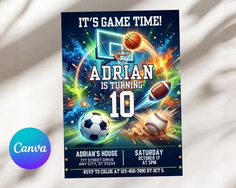 Invitación de cumpleaños multideportiva para niños, fiesta infantil de estrellas de juegos, invitación deportiva de baloncesto, fútbol, béisbol y fútbol americano, A1100