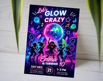 Let's Glow Crazy Birthday Invitation, Neon Disco 10th Birthday Invite, Kids Coed Dance Party Card, Glow in the Dark, Canva Template A1756