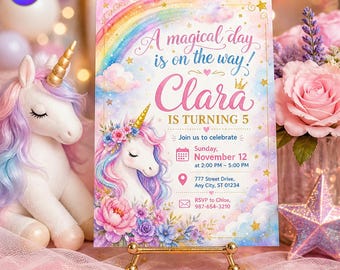 Een magische dag eenhoorn verjaardagsuitnodiging, sjabloon Rainbow Princess Sky, Clara 5e verjaardag Flower Crown Bash, canva downloaden C320