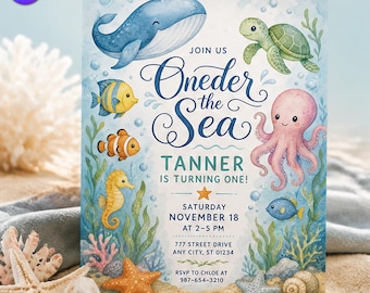 Oneder the Sea 1st Birthday Invitation, Cute Ocean Animals Template, Tanner First Birthday Watercolor Whale Octopus, Canva Download C296