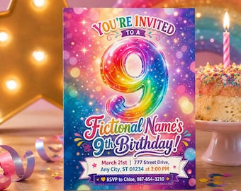 Regenboog glitter 9e verjaardagsuitnodiging, meisjes kleurrijke sprankelende gloed discofeest uitnodiging sjabloon, canva downloaden C085