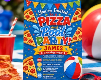 Verjaardagsuitnodiging voor pizza- en zwembadfeest, thema uitnodigingssjabloon voor kinderen zomer zwemmen, kleurrijke pizzaparty downloaden C125