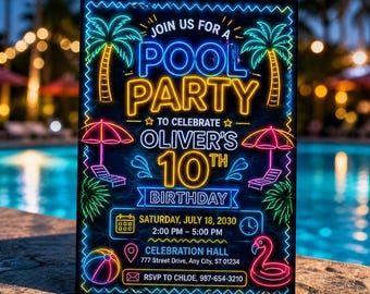 Invitación de cumpleaños para fiesta en la piscina con luces neón, plantilla de invitación para fiesta nocturna de natación con luces fluorescentes, fiesta que brilla en la oscuridad para niños y niñas, descarga en Canva C015