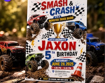 Monster Truck 5e verjaardagsuitnodiging, Smash Crash-thema uitnodigingssjabloon, Jaxon Fifth Racing Jam Bash, canva downloaden C212